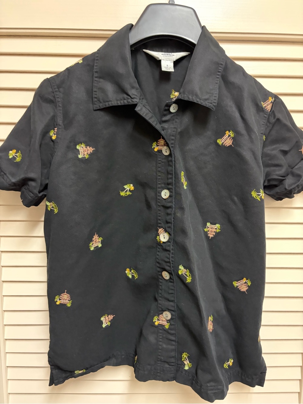 Vintage AKS Womens 8 Black Embroidered Pagoda Shirt Asian Y2K Embroidered Beach